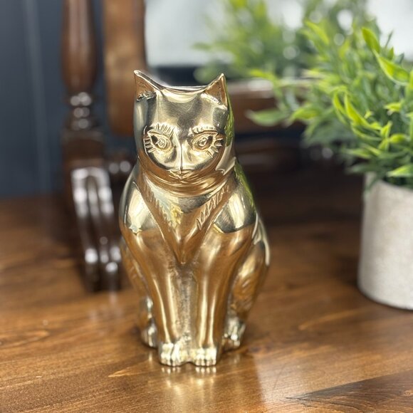 Vintage Brass Cat Figurine MCM Style Feline Sculpture Home Decor for Cat Lover - Picture 1 of 16